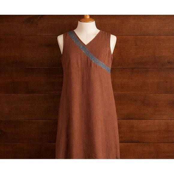 White Stag Dresses & Skirts - Vintage 90s LOng Linen Blend Dress L Sleeveless Brown Embroidered Lagenlook Boho